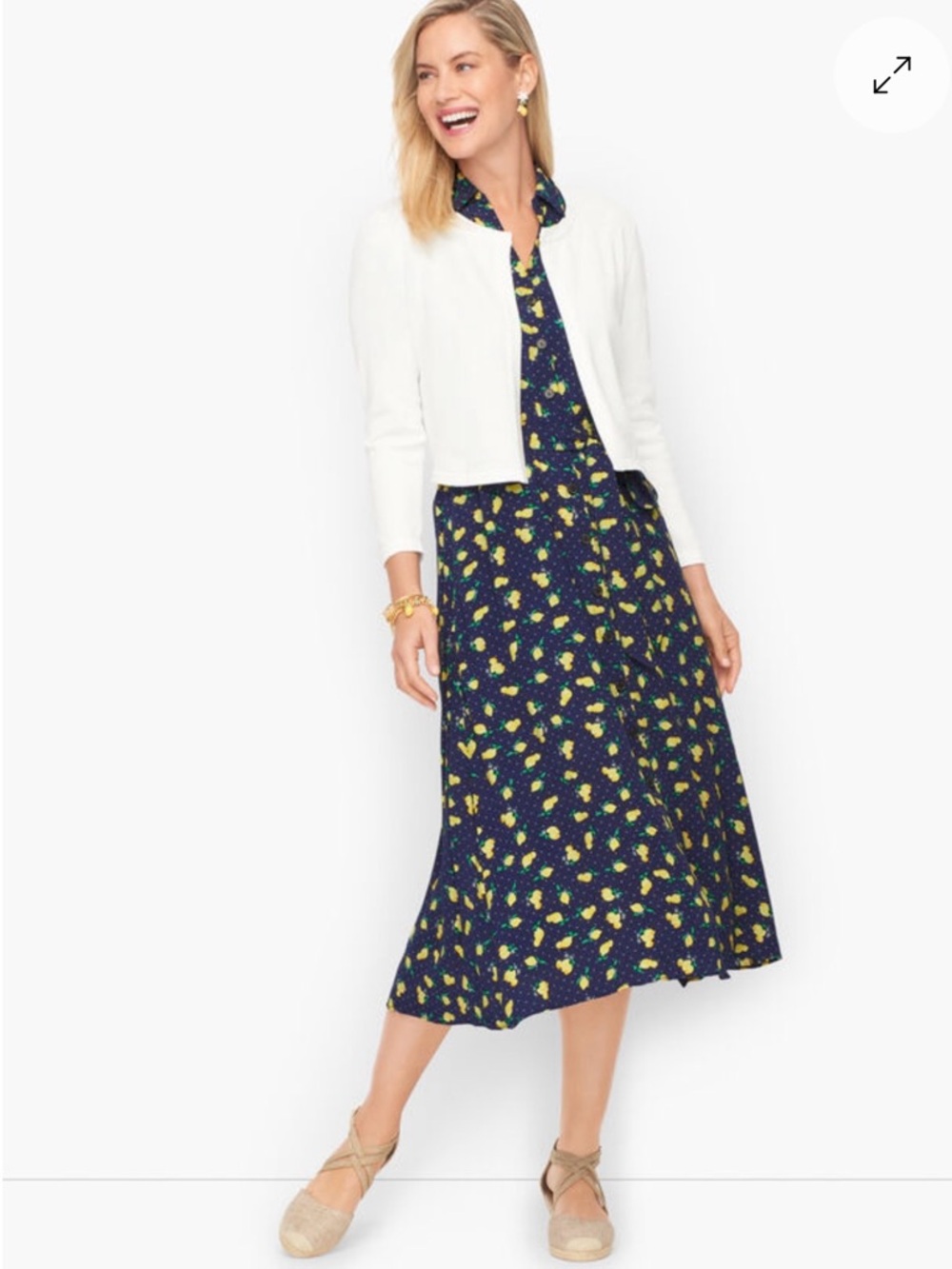 Lemon-Print Navy Blue Midi Shirt Dress with Tie Waist - Picture 3 of 8
